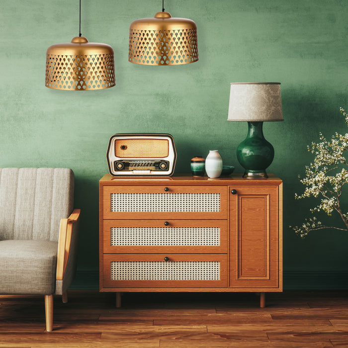 Veda 18"W Antique Brass Cutout Dome Pendant Lightin a vintage-style room with wooden cabinet, radio against a green wall.