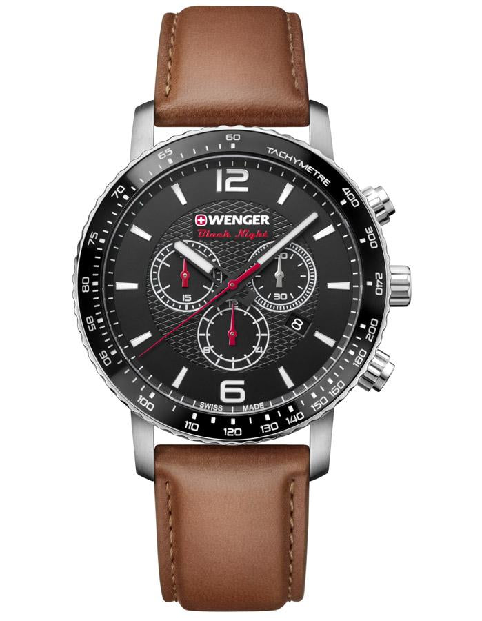 Wenger Mens Roadster Black Night Chronograph- Brown Leather Strap - Date Window - 01.1843.104