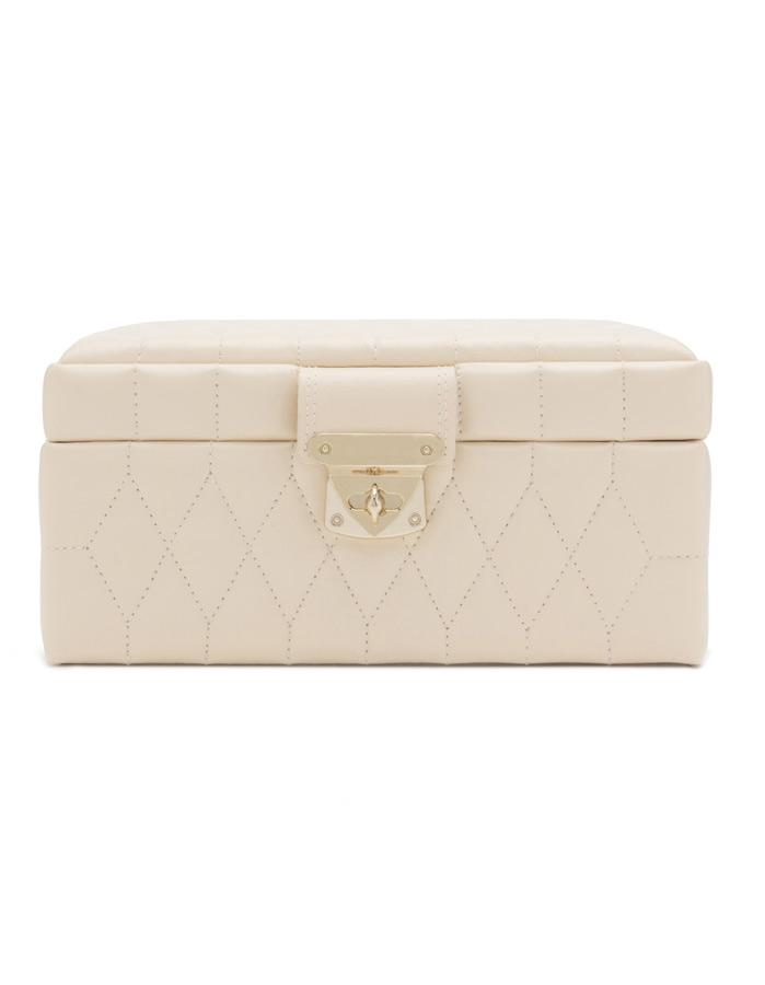 WOLF Caroline Small Jewelry Case - Ivory Quilted Leather - Travel Case - Mirror - 3298-53B