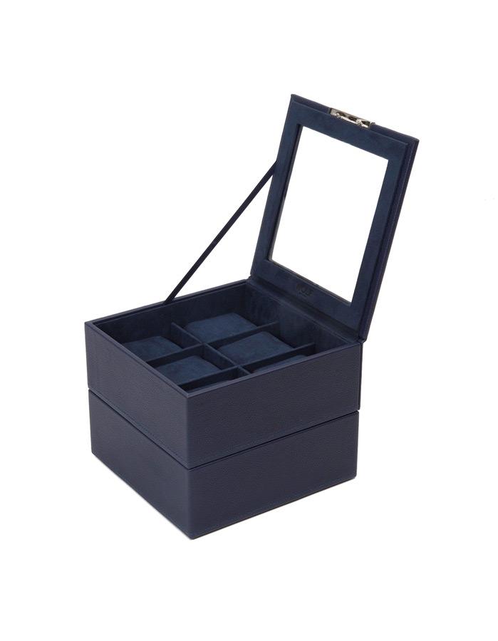 WOLF Set of Two 6 Piece Stackable Watch Trays - Navy Saffiano Case with Lid - 3196-17A